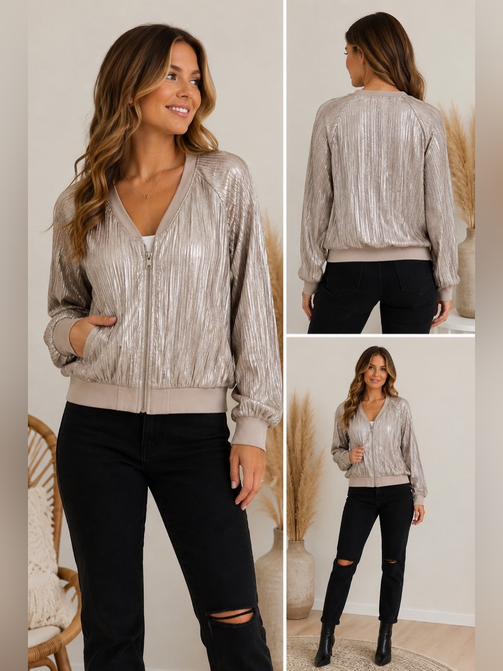 Francesca’s Metallic Pleated Bomber Jacket – Size Medium - Picture 2 of 3
